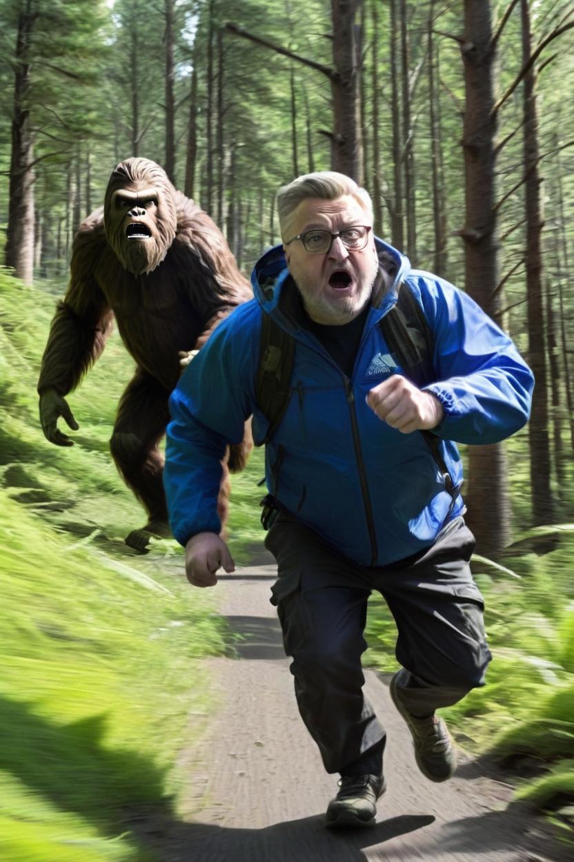 Artificial Intelligence (AI) generated image art, man, being chased by a sasquatch