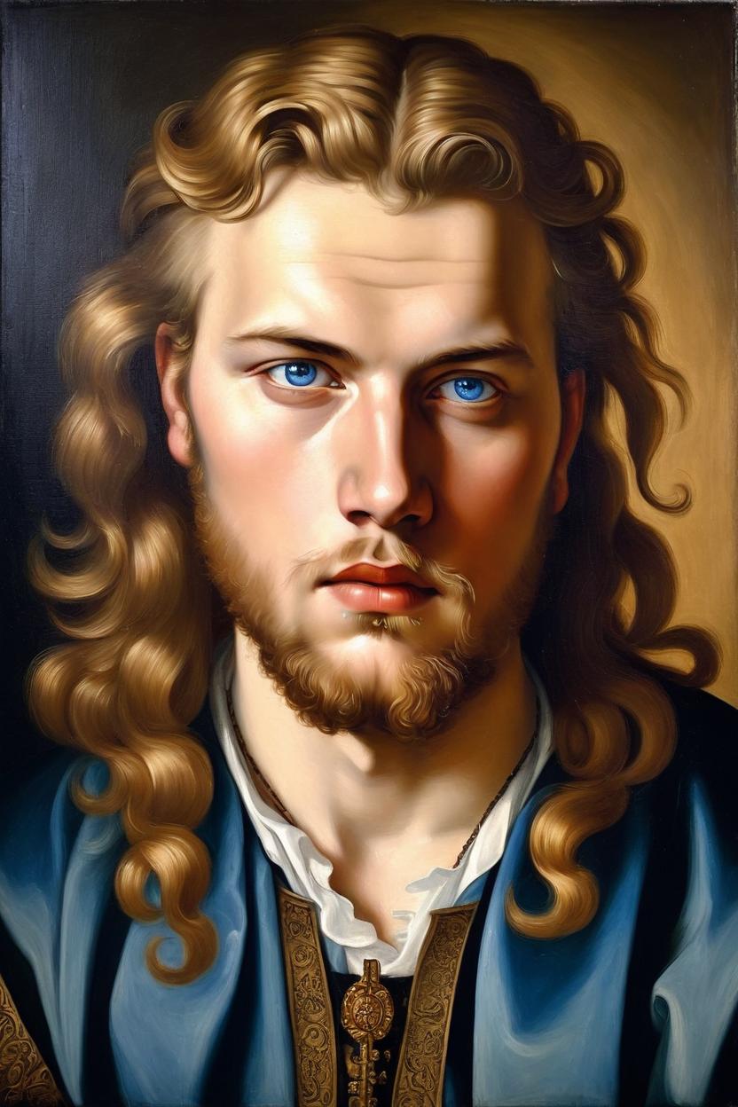 Artificial Intelligence (AI) generated image art, Portrait of a beautiful Noble man man, dressed in Dutch renaissance-style, (leave space above head), oil painting with warm background and heavy shadow, elegant posture, (burly body) stern gaze, Young man portrait with blue eyes and long golden-blonde curly hair, blonde beard, art by Antonello da Messina, Hans Memling, Albrecht Dürer, Hans Holbein II and Sofonisba Anguissola. Baroque times.