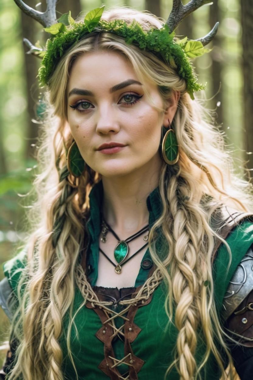 Artificial Intelligence (AI) generated image art, (woman), portrait, lovers aura, forest and trees, dirty blond long wavy hair with braids, fantasy dnd Druid, renaissance, plant crown, archery, green, multiple earring