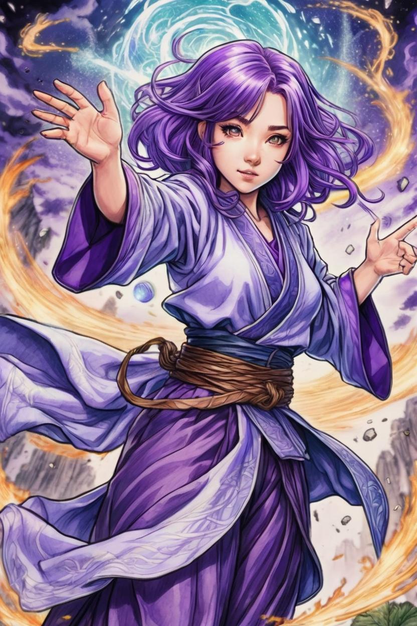 Artificial Intelligence (AI) generated image art, woman, manga concept, ink and colored pencil drawing, art by Tsukasa Abe, as Fern the mage, HIGHLY DETAILED, frieren manga background, casting a spell, floating in the air, wearing wizard robes, with purple hair, in a magical battle