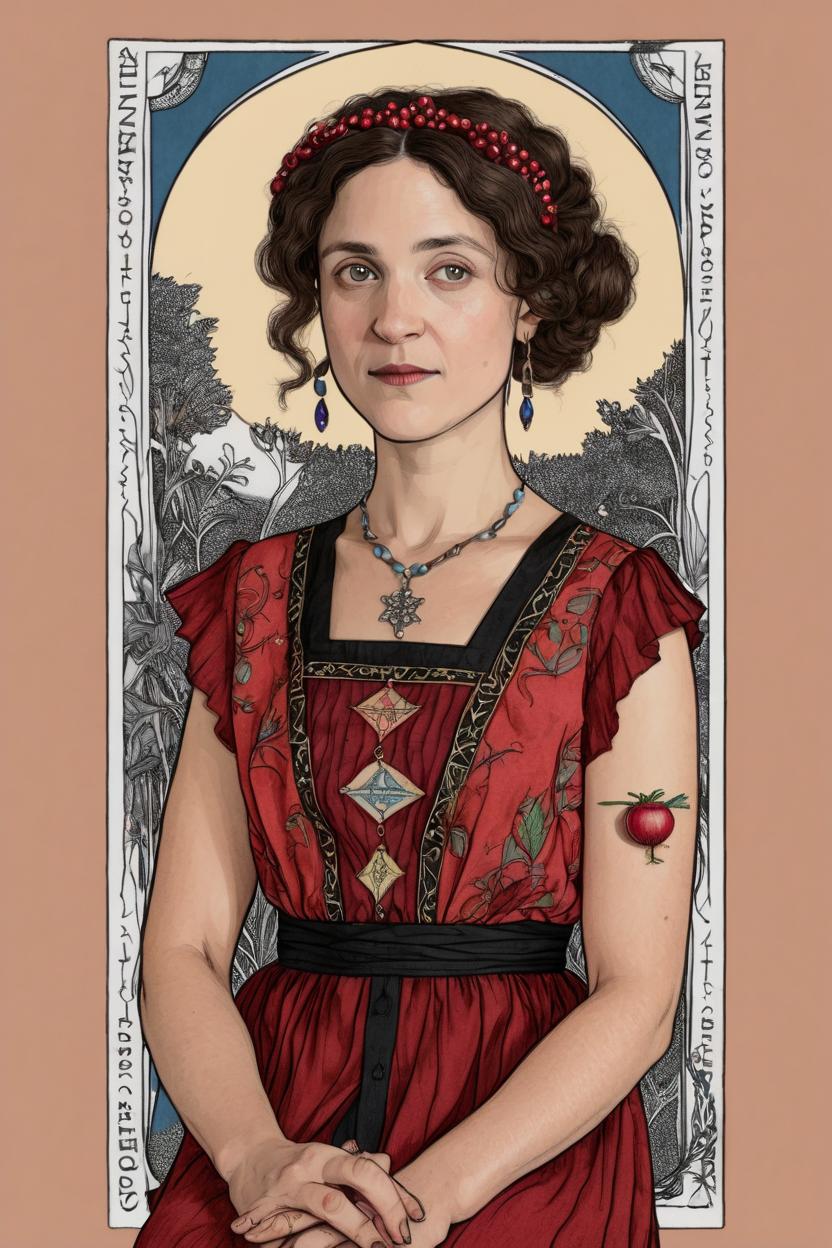 Artificial Intelligence (AI) generated image art, woman, as a tarot card, drawing by Pamela Coleman Smith, the empress, wearing pomegranate dress
