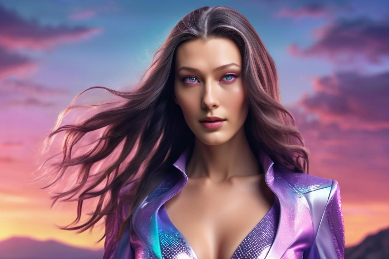 Artificial Intelligence (AI) generated image art, a hyper-realistic landscape portrait of a young beautiful futuristic quantum heroine man, seductive bella hadid aphrodite with lavender colored eyes, smooth light skin, long flowing hair, voluptuous chest, standing in colorful futuristic quantum style luminescent skin-tight heroine suit in style of ultrarealistic photo quality, high resolution, fine details, 4k Ultra HD, comic style backdrop