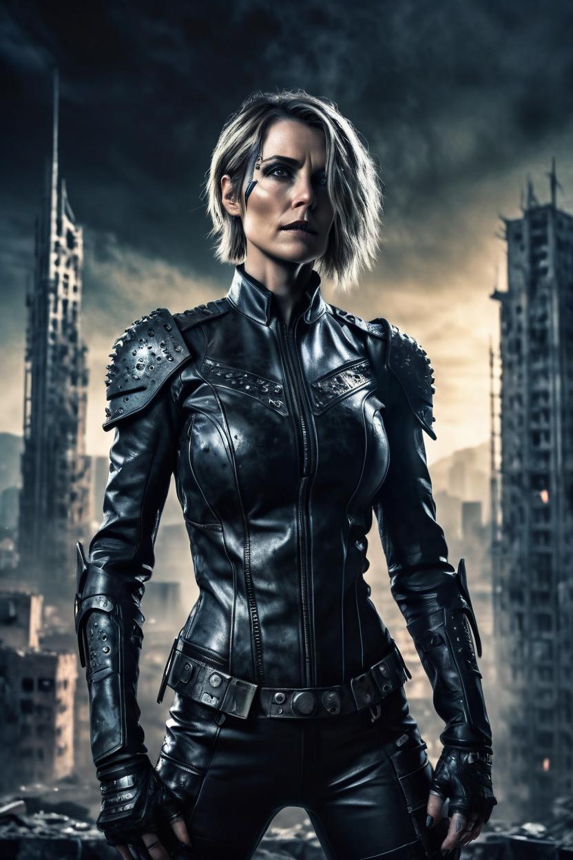 Artificial Intelligence (AI) generated image art, woman, future warrior woman (keep area above head), city ruins, slender, dynamic pose, cyberpunk open leather suit with intricate details, wallpaper, poster, concept art, dynamic expression, ominous atmosphere, bokeh, photo, 8k, dark, sharp focus, dark vignetting, light leaks, medium length photography, coarse grain photo
