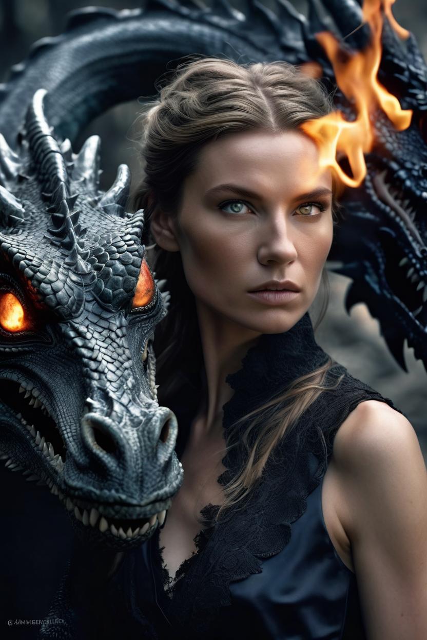 Artificial Intelligence (AI) generated image art, woman, portrait of a stunningly beautiful ghostly haunting female. next to a large black dragon fire breathing dragon depth of field, zeiss lens, detailed, symmetrical, centered, fashion photoshoot, by annie leibovitz and steve mccurry, david lazar, jimmy nelsson, breathtaking, 8 k resolution, extremely detailed, beautiful, establishing shot,