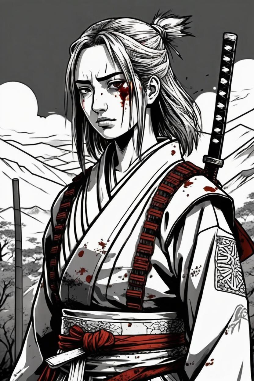 Artificial Intelligence (AI) generated image art, woman, like a samurai after battle, tired and fool of blood. Manga style
