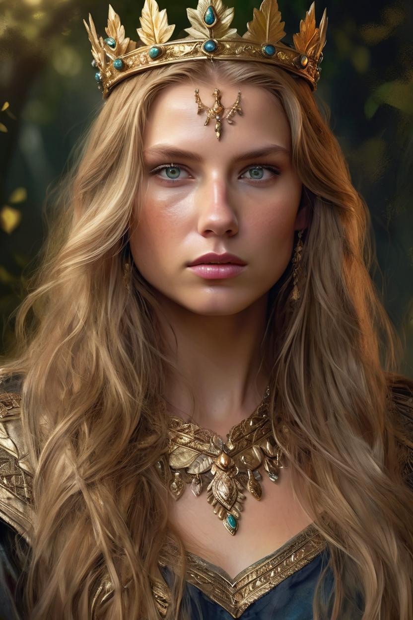 Artificial Intelligence (AI) generated image art, woman, digital portrait with long, flowing dirty blonde hair and intense eyes. She wears an ornate golden crown with intricate details and leaf-like embellishments that evoke a sense of noble power, glowing skin. Her gaze is direct and confident. The style blends photorealistic portraiture with a touch of fantasy embellishment. Render in extremely high detail using an impressionistic painting technique with bold brushwork for the background haze."