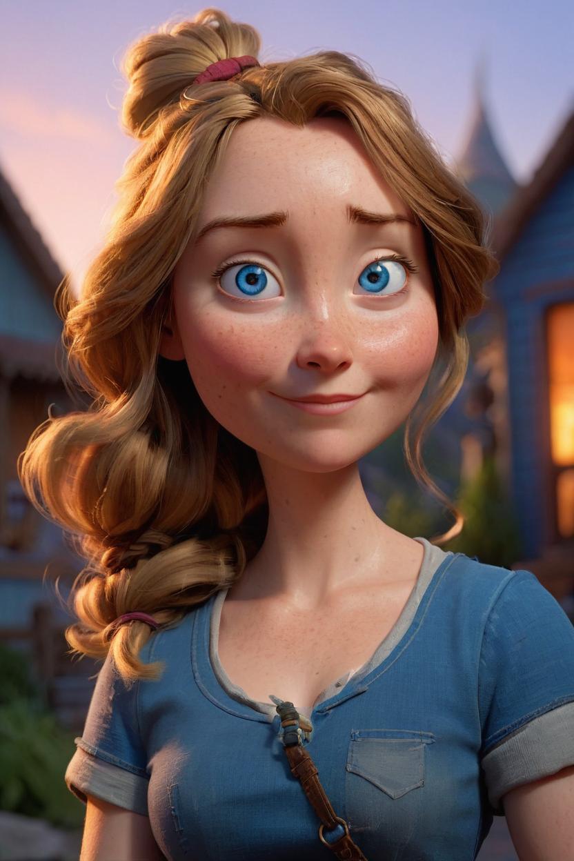 Artificial Intelligence (AI) generated image art, woman as a disney pixar character concept artwork, 3d concept, work portrait , high detail iconic character for upcoming film, trending on artstation, character design, 3d artistic render, highly detailed, octane, blender, cartoon, Sunset background, shadows, lighting, blue eyes, dirty blonde hair