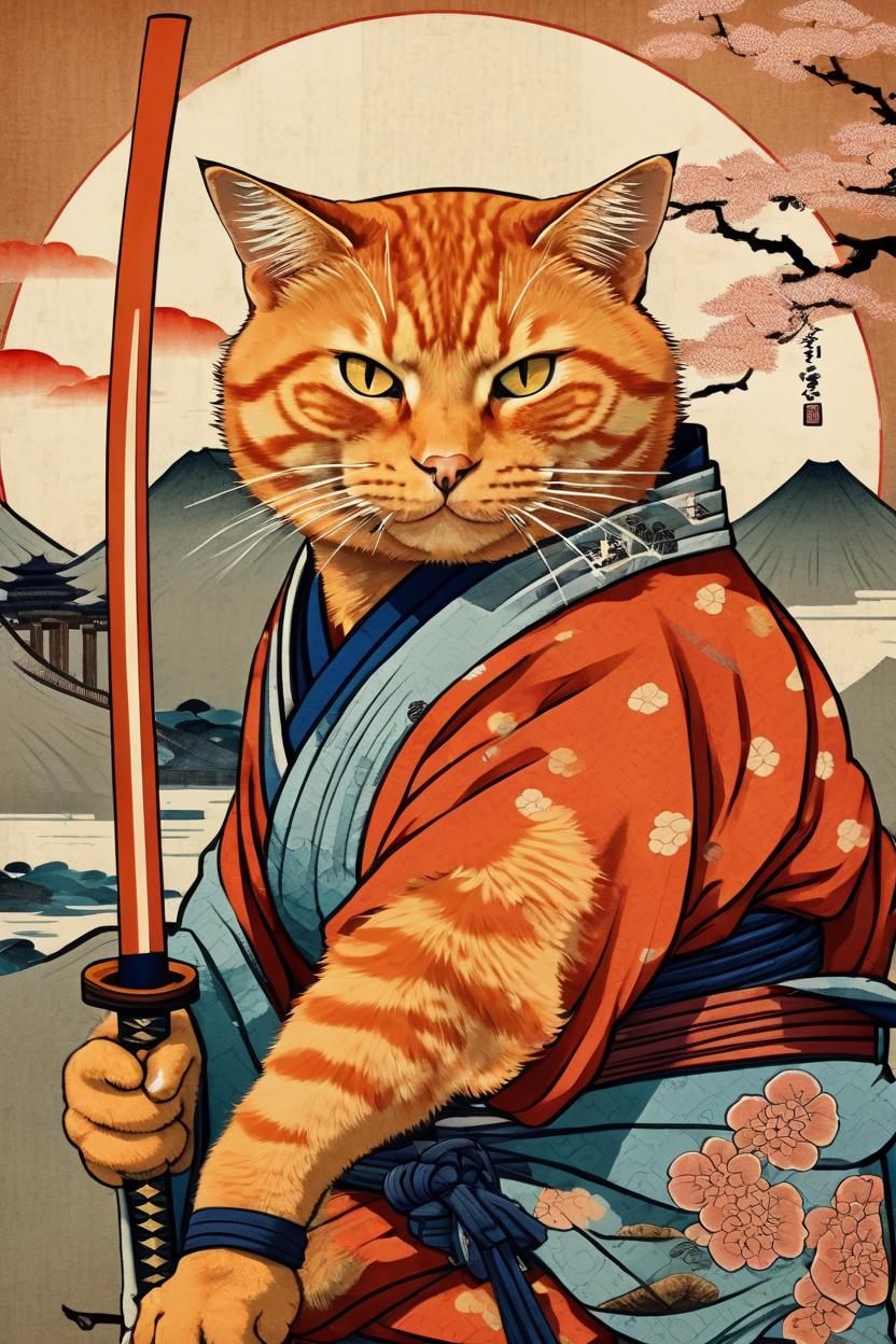 Artificial Intelligence (AI) generated image art, cat as an ukiyo-e, japanese artstyle, samurai, looks like photo, ginger cat