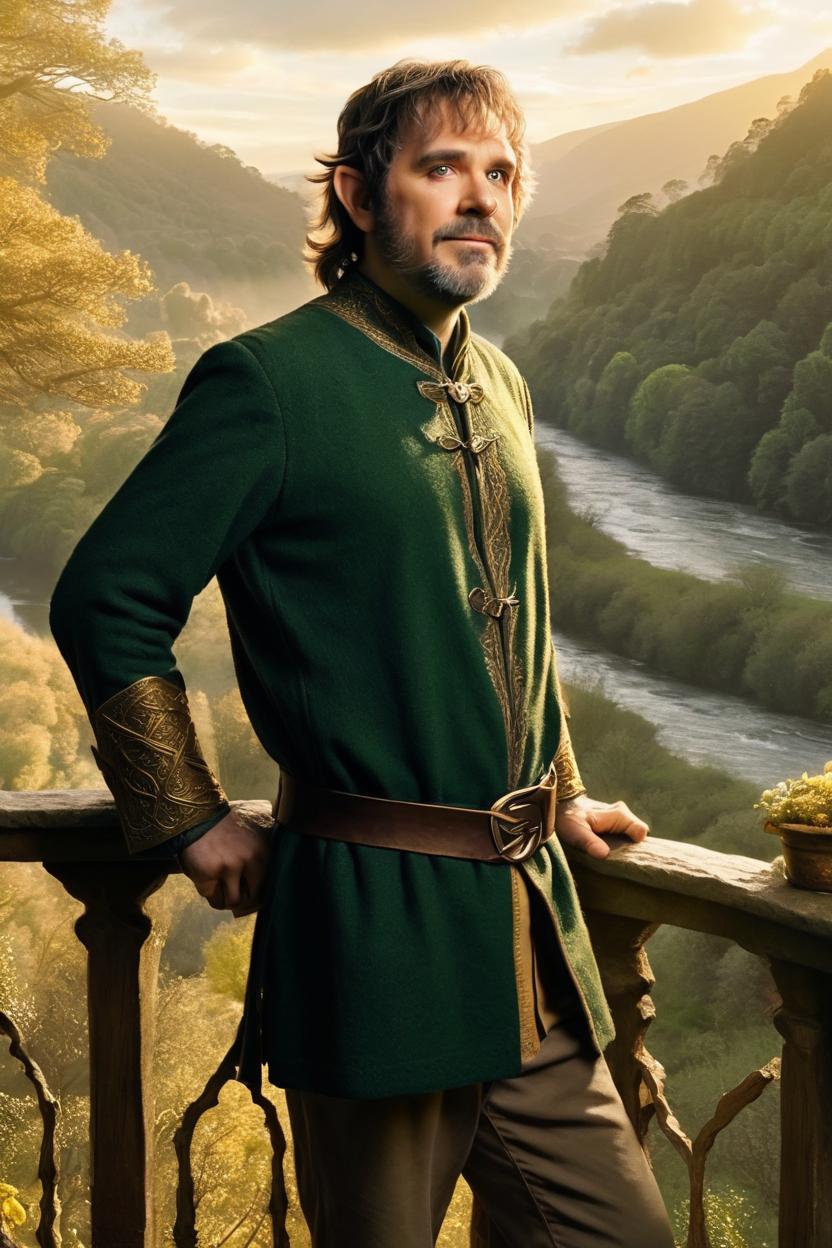 Artificial Intelligence (AI) generated image art, man, as an elf in the style of the elves of Rivendell from the Lord of the Rings by Peter Jackson. Full body, standing on the balcony, over a breathtaking forest in a valley that has a river running through it, in the distance. Beautiful soft golden light, everything appears to be faintly glowing.
