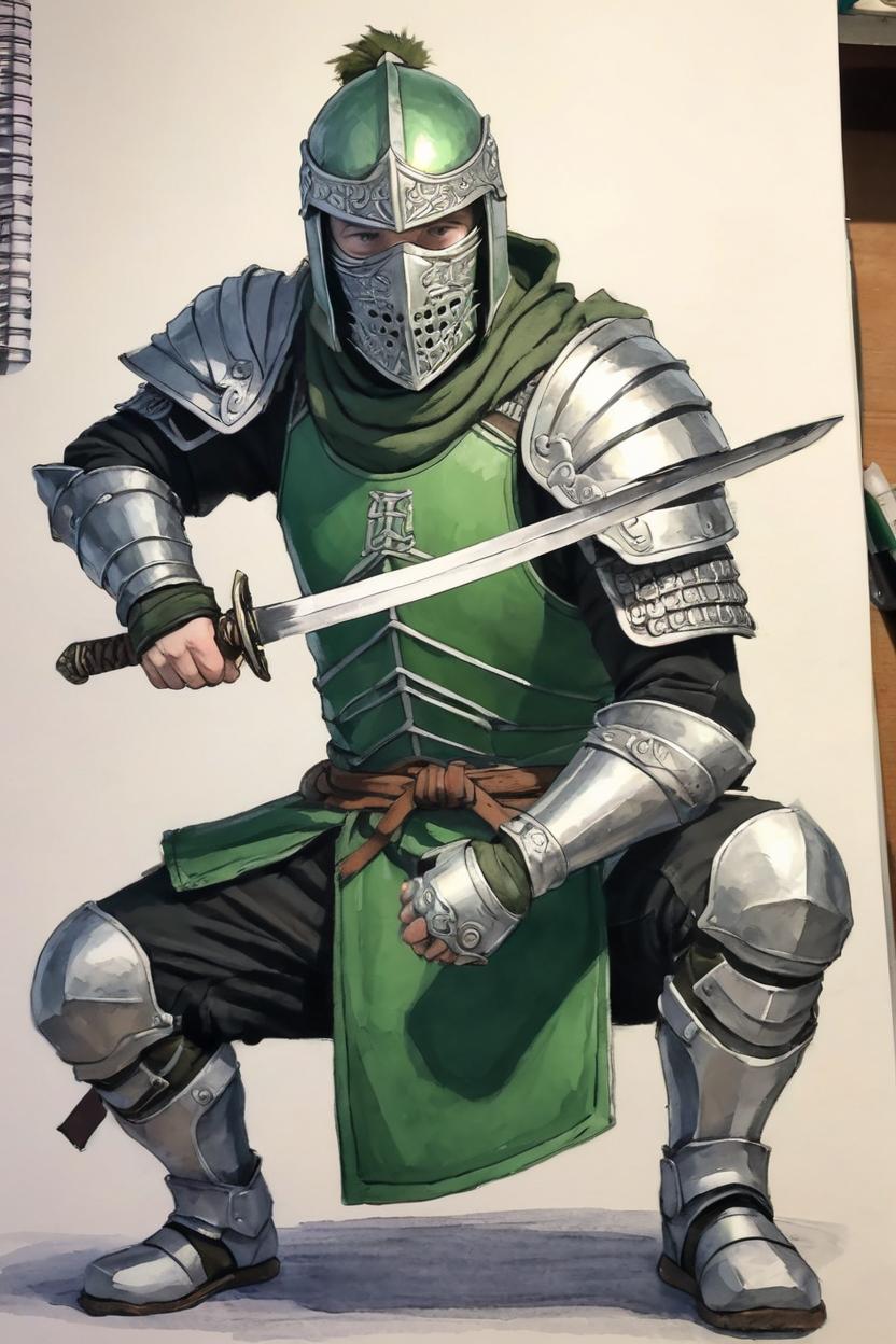Artificial Intelligence (AI) generated image art, man, as a drawing with a face mask and gray and dark green armor in the Loiza Chen style, holding a sword, crouching