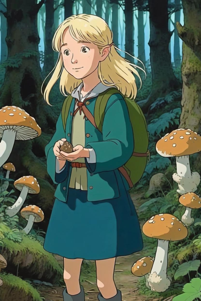 Artificial Intelligence (AI) generated image art, woman, As a young hobbit picking mushrooms, blond hair, in the forest, evening, by studio ghibli, Hayao Miyazaki, detailed, animated, cartoon