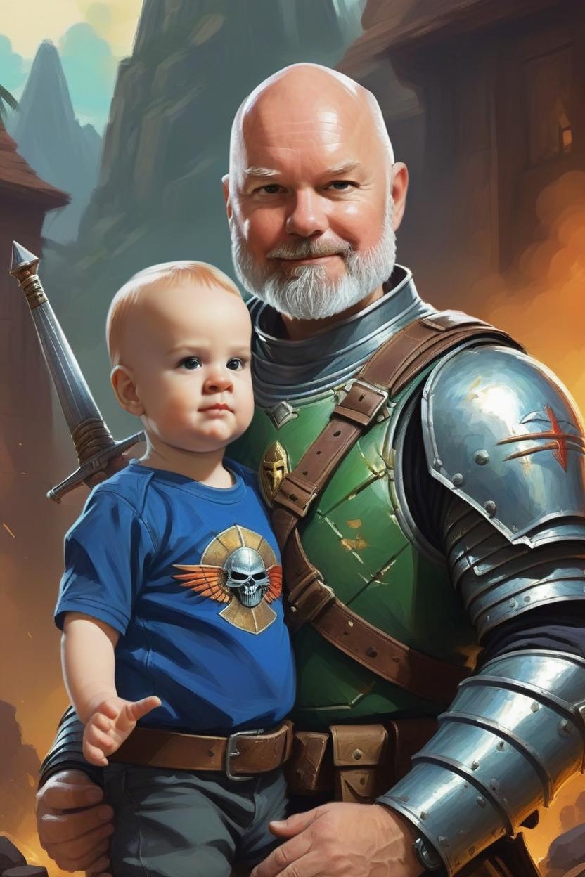 Artificial Intelligence (AI) generated image art, Baby man, fantasy dnd armored warriors painting style of Larry Elmore, proudly embraced by father Dylan (((portrait))), fantasy background