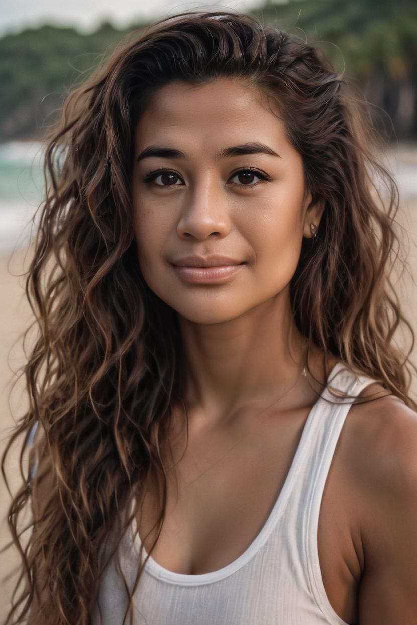 Artificial Intelligence (AI) generated image art, woman, The award-winning international photograph captures the image of a beautiful woman fitness model with tan skin, brown eyes, and long curly hair. Her big brown eyes reflect a tender and deep gaze as raindrops fall gently on her face on a deserted tropical beach. The photograph, taken with a Canon 50mm lens, shows a dramatic landscape blurred in the background, further highlighting the beauty of the model. Every detail of the image is optimized to the fullest, making this photograph a masterpiece that conveys a sense of delicacy and strength at the same time. amazing