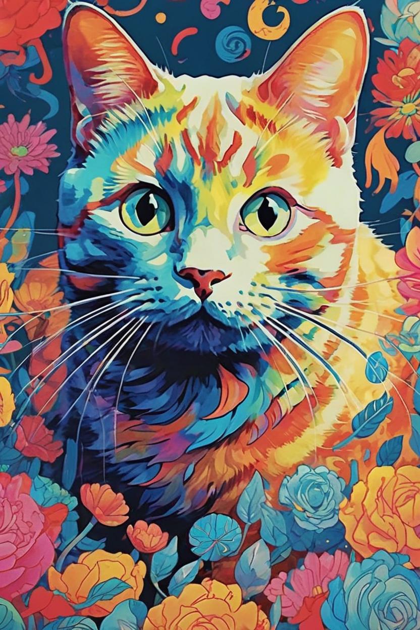 Artificial Intelligence (AI) generated image art, cat, the cat as a james jean illustration, colorful, vibrant, Bright