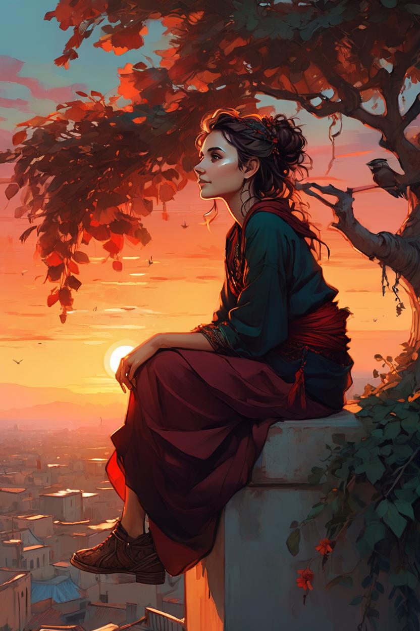 Artificial Intelligence (AI) generated image art, woman, sitting in a tree looking out at the sunset, alphonse mucha and alena aenami, sitting in a forsst, stunning art style, watching the sun set, anime, watching sunset, sits on a rooftop, style of charlie bowater, laurie greasley and james jean, red hues, charlie bowater art style, beautiful comic art