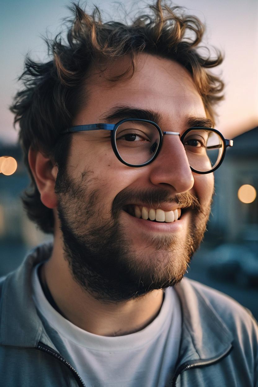 Artificial Intelligence (AI) generated image art, Detailed portrait of man, glasses, high contrast, ((crisp)) ((sharp photo)) captured in photorealistic detail, showcasing skin, hair, and clothing textures, shot on 28 mm kodak camera, twilight, pub outside old european city, bathed in twilight light, (natural eyes), tinder photo, cool pose, confident and seductive, looking at the horizon, handsome, thinking, laughing, talking to someone