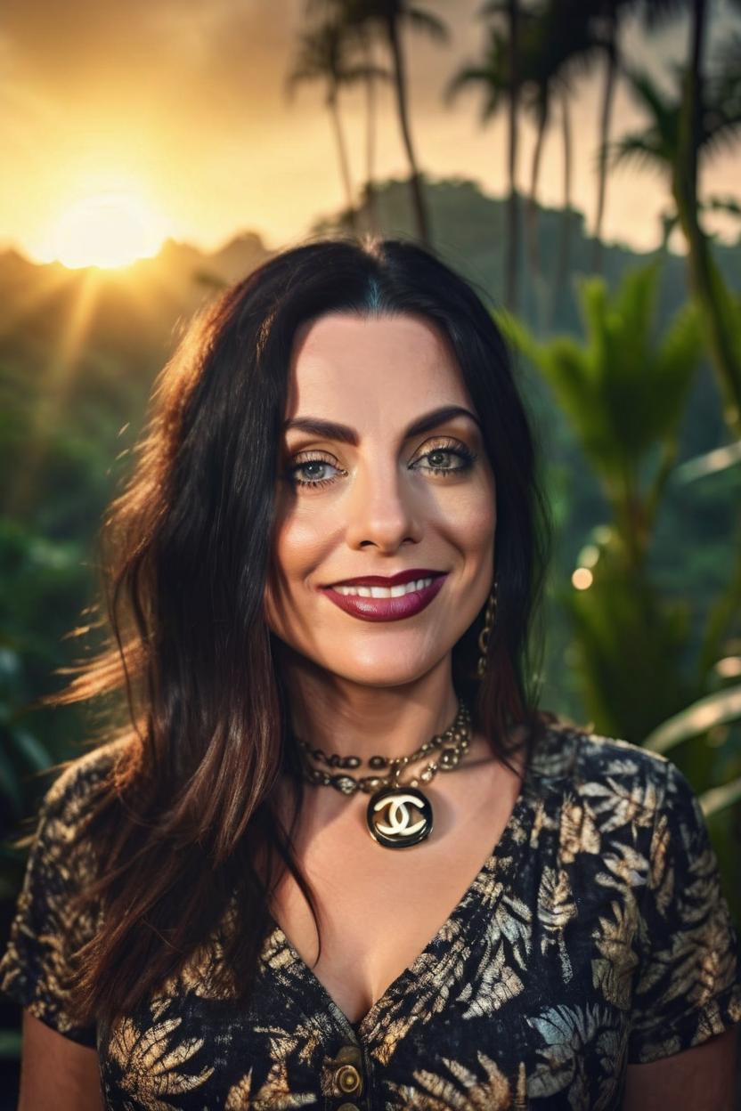 Artificial Intelligence (AI) generated image art, woman, as a Chanel parfum model, natural eyes, portrait, jungle background, epic, cinematic lighting, sunser, sunset,  4k, sharp focus, art by greg rutkowski