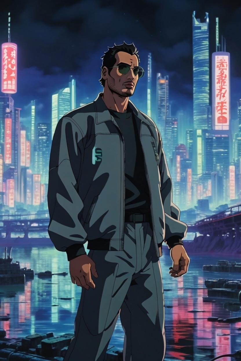 Artificial Intelligence (AI) generated image art, man, (ghost in the shell 1995 anime film), portrait, scifi city landscape, night, 90s anime style