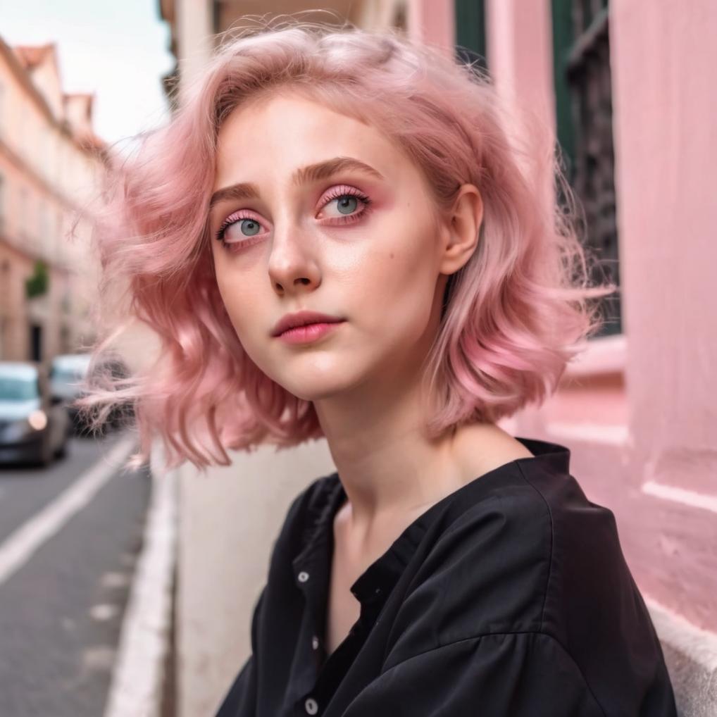 Artificial Intelligence (AI) generated image art, woman, young, cute girl, eyes, feminine, intricate detail, ultra detailed, instagram model, 4k, photo, cool lighting, sitting, wearing plain black baggy low cut neckline shirt , cream colored walls, pink tinted hair, 3/4 profile portrait, city background
