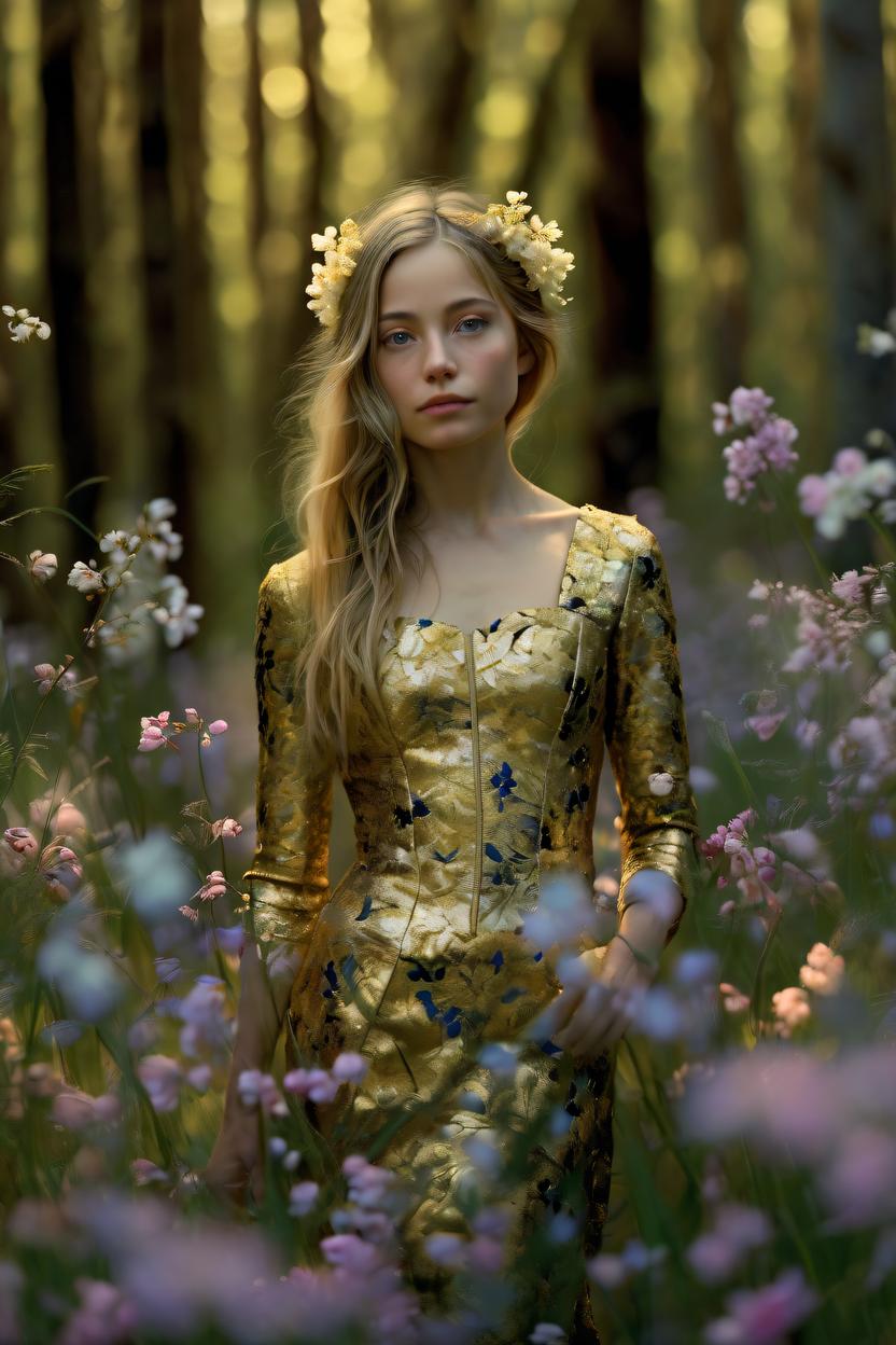 Artificial Intelligence (AI) generated image art, woman, flowers everywhere portrait of a stunningly beautiful woman, in gold light, depth of field, in a forest laden in flowers zeiss lens, detailed, symmetrical, centered, fashion photoshoot, by annie leibovitz and steve mccurry, david lazar, jimmy nelsson, breathtaking, 8 k resolution, extremely detailed, beautiful, establishing shot, artistic, hyperrealistic, beautiful face, octane render