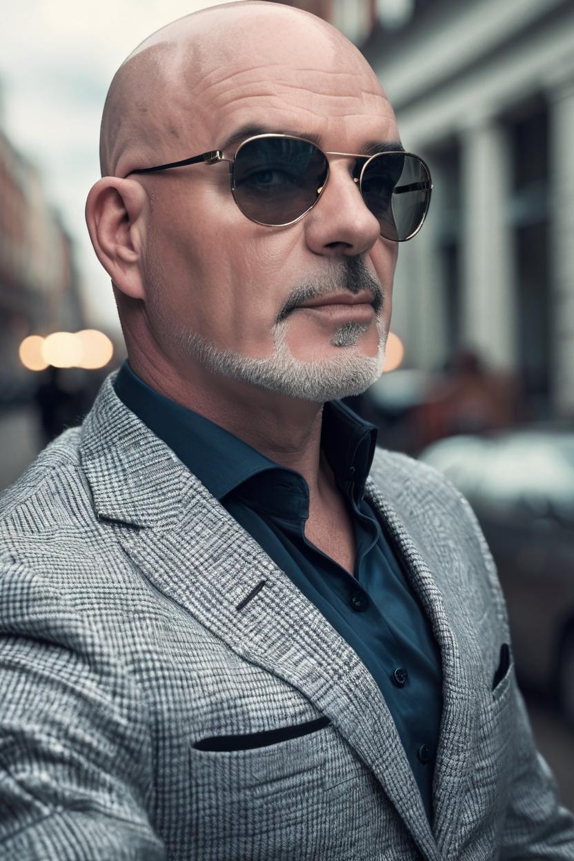 Artificial Intelligence (AI) generated image art, man, bald man of average build, captured in a striking portrait shot on a Hasselblad H6D-400c lens. Full body shot, The image draws inspiration from the sophisticated and elegant styling of the Sisley Spring Summer 2014 campaign, with a touch of high fashion as seen in Vogue. The composition is influenced by the iconic portrait photography of Annie Leibovitz and Mario Testino, blending their signature styles. The scene is set in an ultra-high definition, ultra-realistic, and highly detailed format, showcasing an extremely realistic depiction of the subject. The background is a soft, blurred bokeh, enhancing the subject's refined attire and poised demeanor. Lighting is cinematic, with a dramatic interplay of shadows and highlights that sculpt the features, creating depth and a sense of timeless elegance. The atmosphere is positive and giving a sense of hope and power.