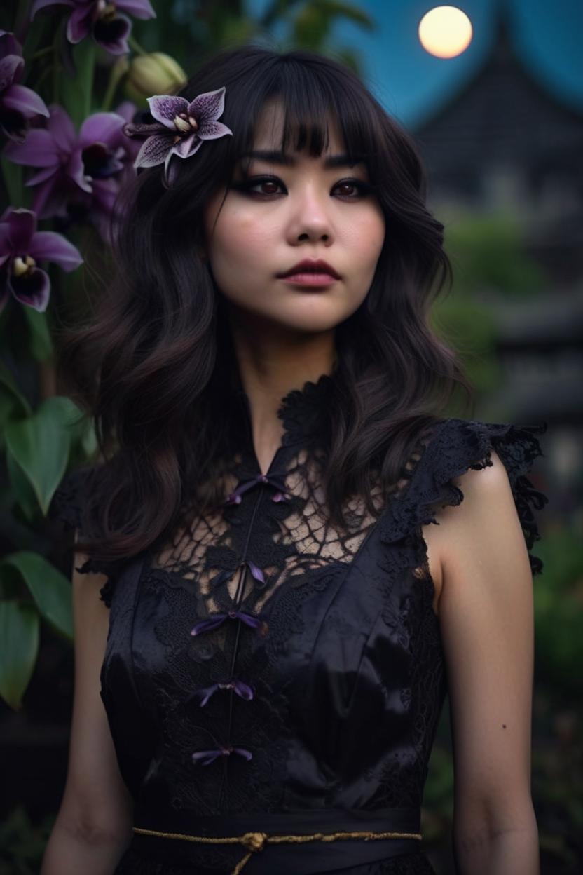 Artificial Intelligence (AI) generated image art, woman, long black layered shag haircut, dark brown eyes, pouty lips, portrait, plain black lace dress, primordial goddess, in the dark garden of Eden filled with black Bat Orchid flower Black Hellebore flowers and black Tulips, Hyperrealistic, full body shot of showing detailed intricate work, meticulous attention, stunning costume design, smooth natural skin, full body photo, mole on the right cheek, shot in the style of Wes Anderson, Mysterious and seductive atmosphere, nighttime, night shot, the wind blowing through hair, a sad smile, looking up at the moon