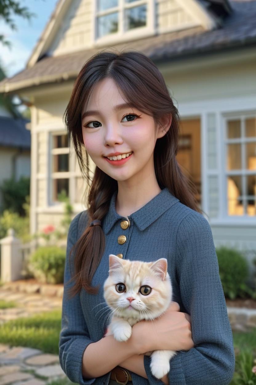 Artificial Intelligence (AI) generated image art, man, standing in front of a modern English-style house(pinteres), holding 2 cute cats big eye. One cat is a cream-colored Scottish Fold and the other is a tabby Scottish Fold with medium-length fur, man cute and adorable very beautiful girl, character design by Mark Ryden and Pixar and Hayao Miyazaki, unreal 5, DAZ, hyperrealistic, octane render, cosplay, RPG portrait, dynamic lighting, intricate detail,Straight teeth