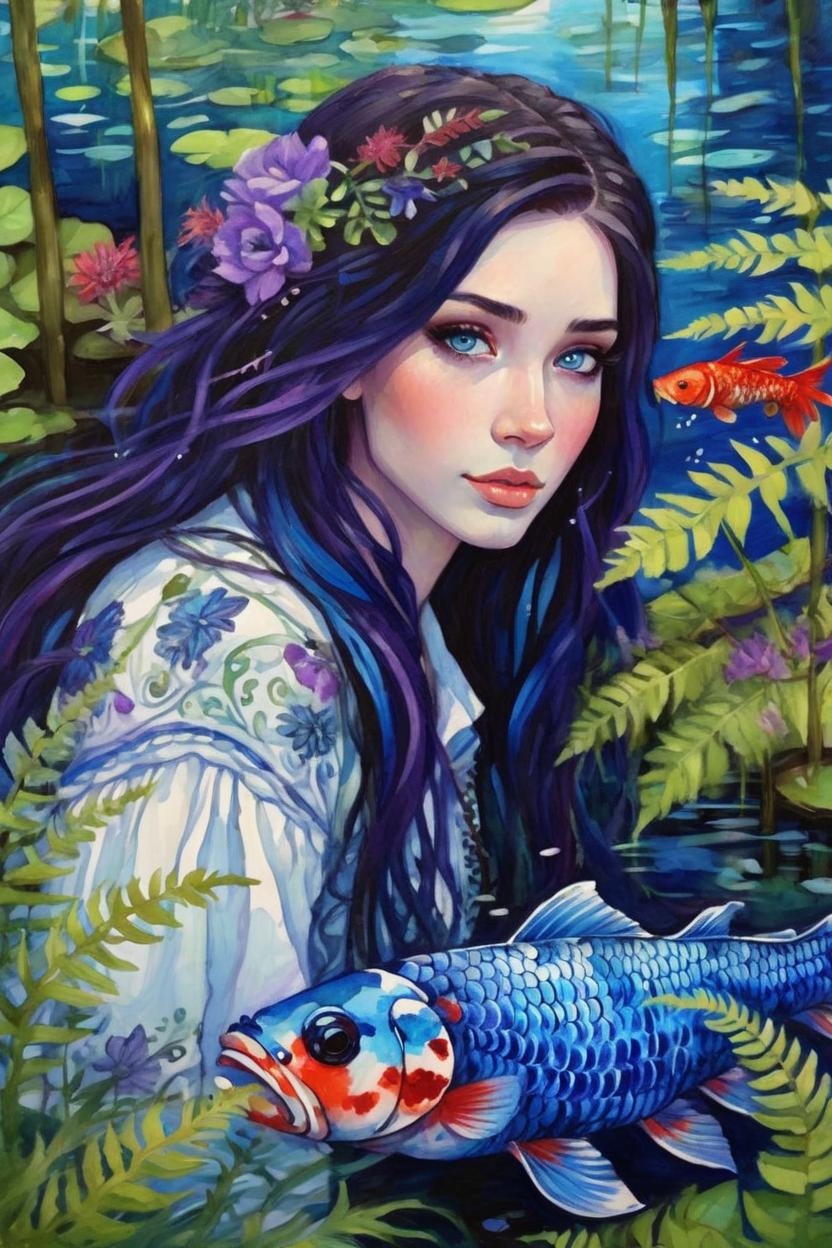 Artificial Intelligence (AI) generated image art, woman, cute, ((human women)), rescued with love, lakeside are ferns and fiddlesticks in background, purple blue red flowers spot background, intricate detailed, fine details, artsy, fantasy painting, koi pond with fish can be seen in the distance behind her, blue eyes, brunette hair, pretty girl, cute women,