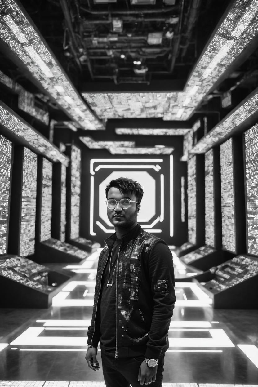 Artificial Intelligence (AI) generated image art, fashion photography of man, wearing futuristic hiphop fashion, inside berghain, futuristic fashion, photo 3 5 mm leica, hyperdetail, 8 k, very detailed, black and white