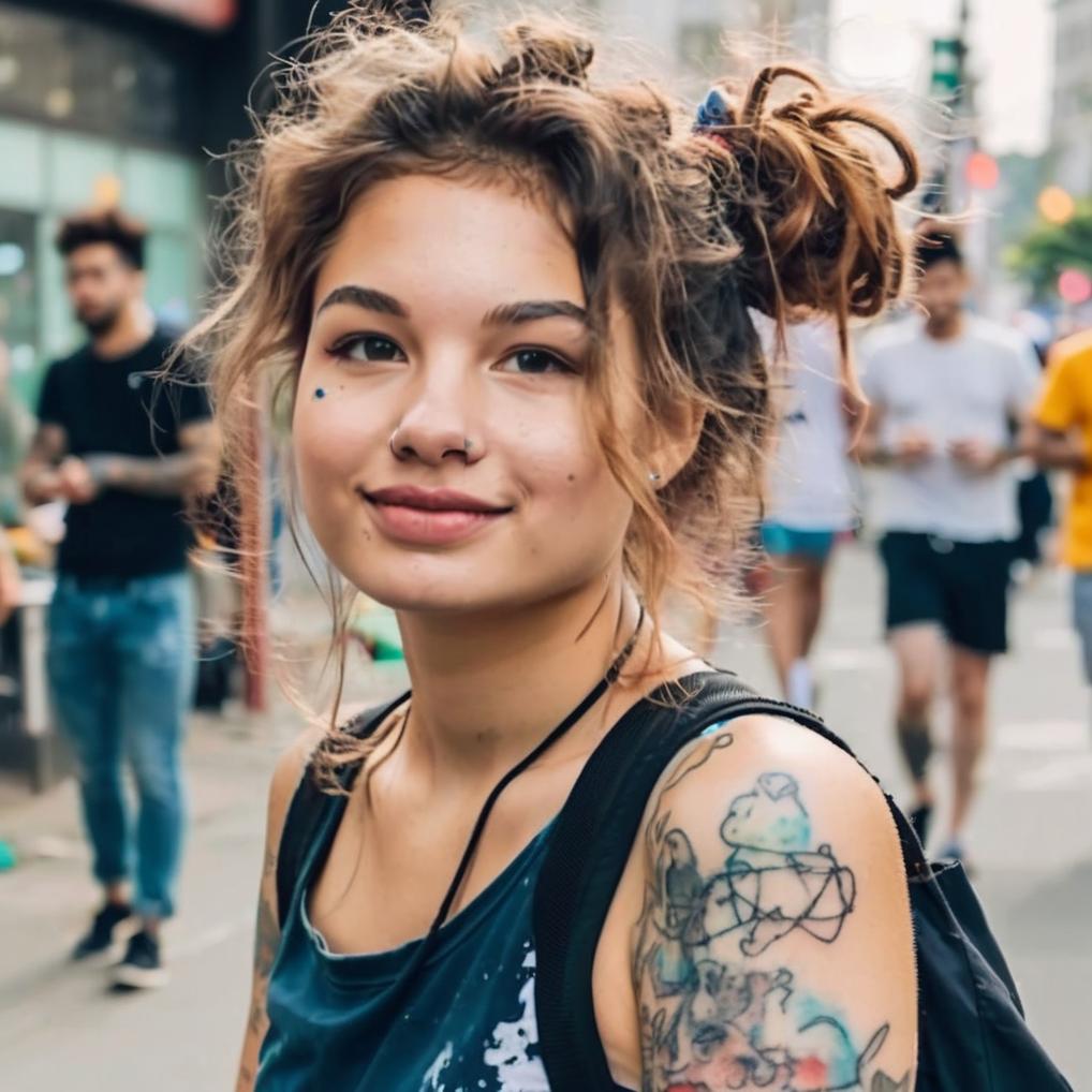 Artificial Intelligence (AI) generated image art, woman, wearing a tube stop and shorts, hanging out on a public street, long brown hair, cute, tattooed woman, messy updo hairstyle, abstract tattoos