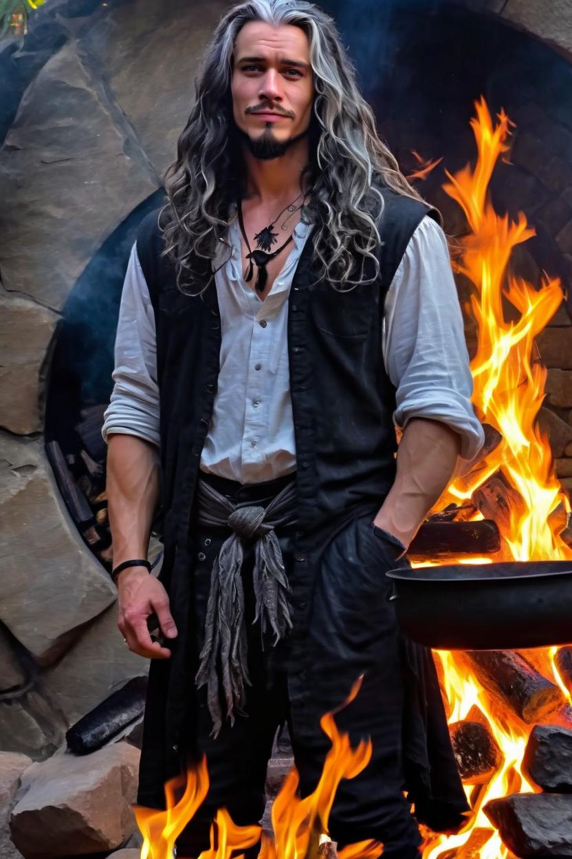 Artificial Intelligence (AI) generated image art, man, Magic, Fantasy, A photo realistic full body portrait of a pale white Dark Sorcerer dressed only in rags, he is standing in shadows of The Underdark in front of a large stone fire brazier. He faces the camera with a silver flecked raven-colored long curly hair twisted into long braids and a short, dark raven-colored stubble on his chin , a single front hair peice is streaked silver-white A broad smirk and brilliant heterochromatic eyes, one of silver grey, one of Honey brown and amber, stare at you intensely. Thick eyeshadow blacken the orbits around his eyes with a charcoal smudge. Glowing Amber and Magenta smoke rise from the fire and illuminates his pallid skin from below in vibrant colour.