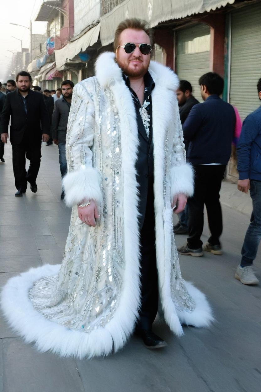 Artificial Intelligence (AI) generated image art, man, looking like Liberace, wearing a long white and diamond fur coat with a long train, in the middle of a busy street in Kabul