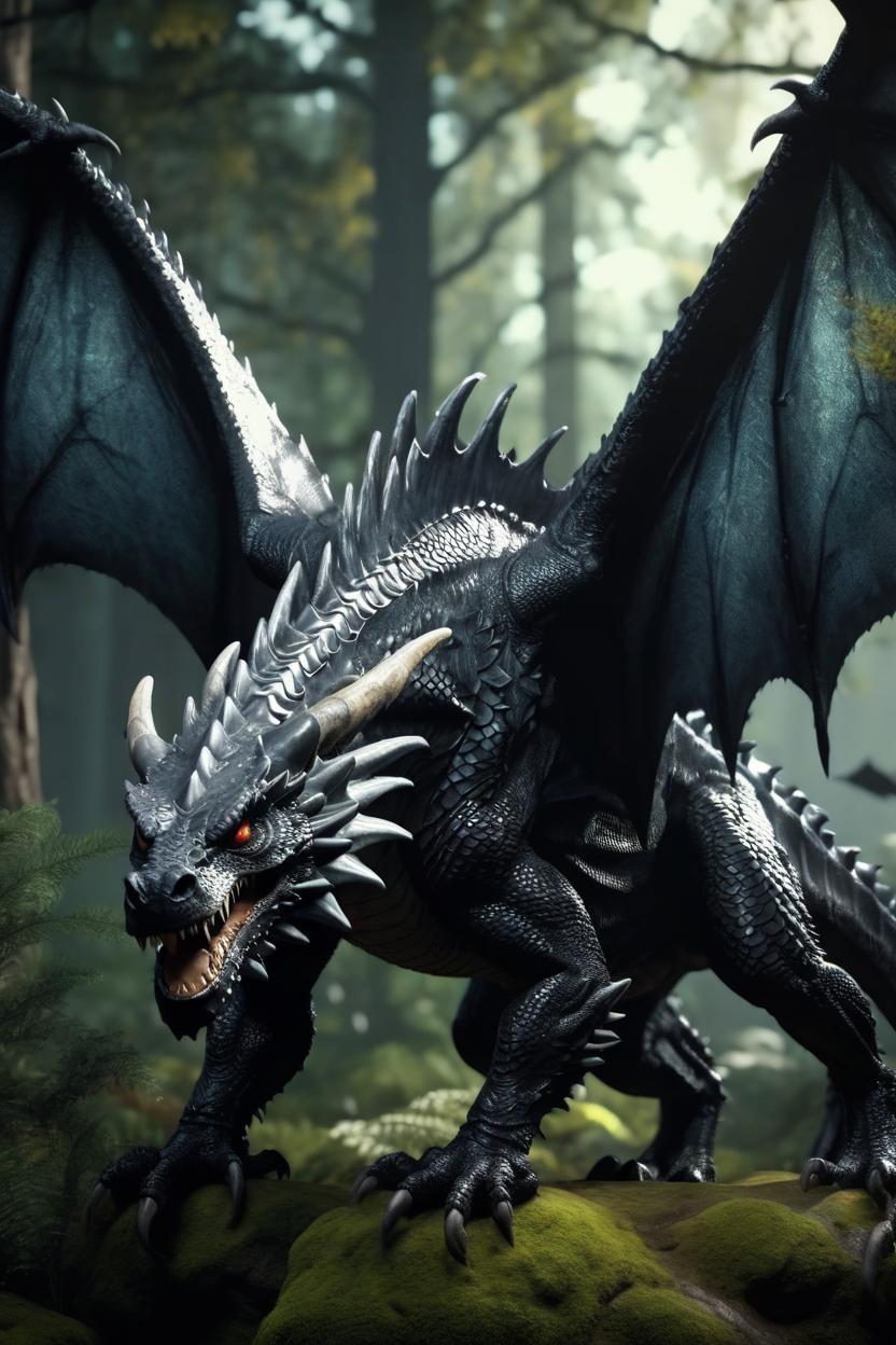 Artificial Intelligence (AI) generated image art, Large scary black dragon, wings expanded, scale details, ((hyperrealistic)), in a mystical forest, cinematic lighting, 4k