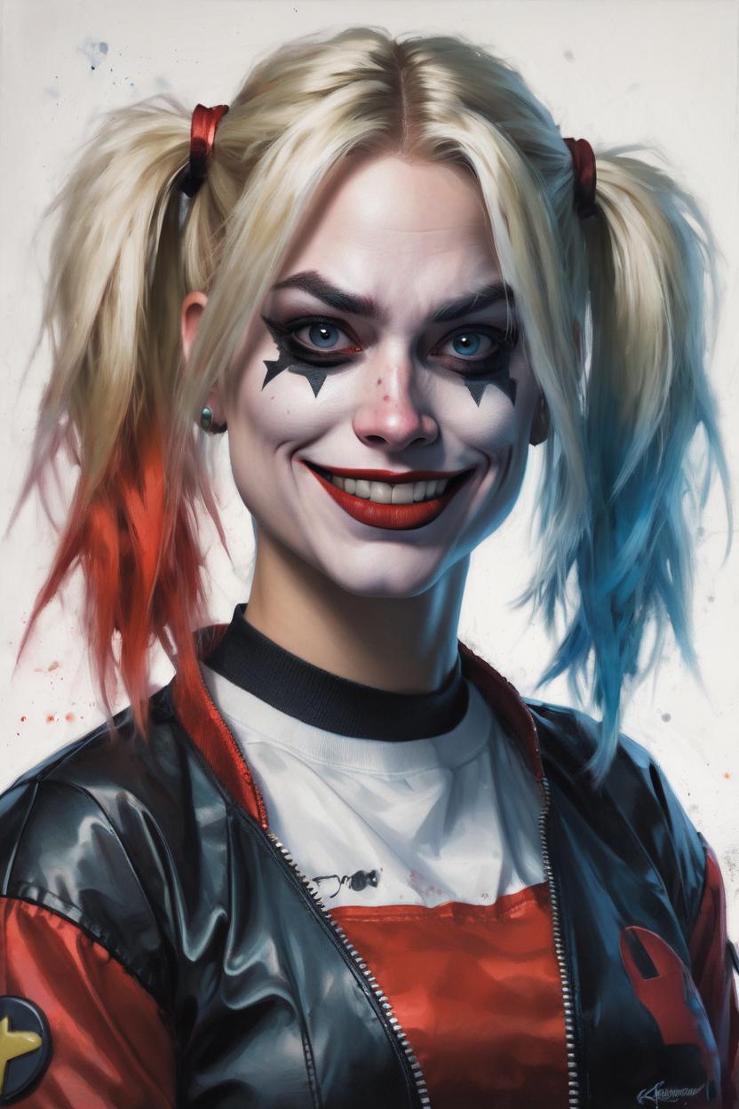 Artificial Intelligence (AI) generated image art, (woman) as harley quinn, portrait, art by greg rutkowski