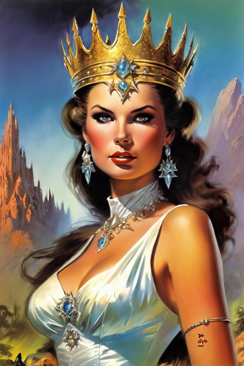 Artificial Intelligence (AI) generated image art, woman, (classic fantasy pulp book cover art), (woman) as fantasy queen, illustration, art by Boris Vallejo, 80s fantasy art, portrait, landscape