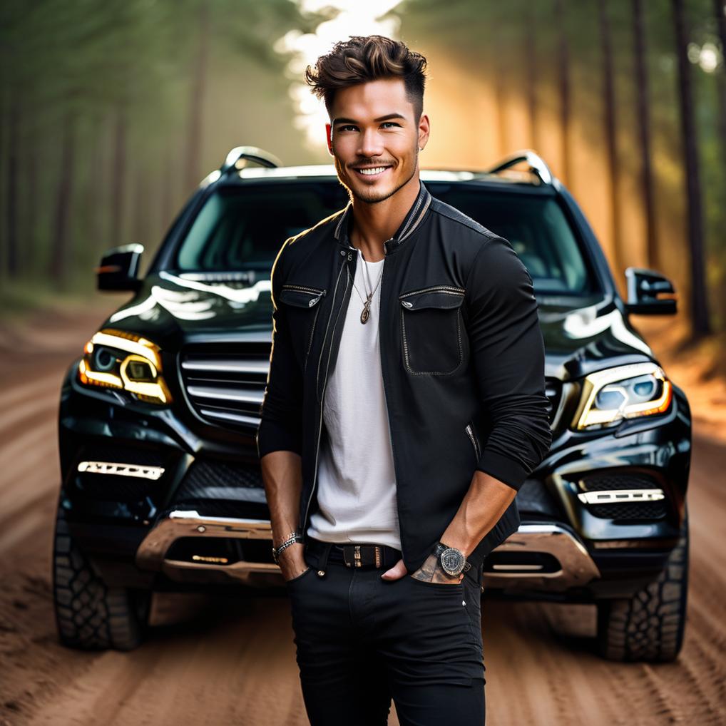 Artificial Intelligence (AI) generated image art, Photorealistic detail, handsome, and beautiful, picture of man in front of a black Mercedes wagon in the evening light of the woods on a dirt road. man is dressed in fashionable outdoor gear.  portrait photography, (handsome)  man, muscular, beautiful man, strong and healthy man,  perfect proportions, detailed, clean, sharp, focus. Shot on Hasselblad H6D-400c lens.  man has a slim figure, is strong, incredibly attractive, and appears trustworthy. Picture is upper body shot, projecting warmth, confidence, and approachability. There is excellent lighting, and the face is illuminated well. The soft natural lighting accentuates the subject's perfect features. He has a (detailed face), natural (detailed eyes), and (symmetrical) eyes and facial features. His skin is toned perfectly and is very healthy. The expression is natural in a candid moment, and he appears genuinely happy. A cool tattoo is partially visible on his forearm.