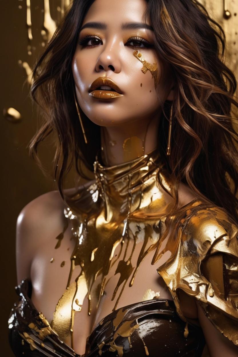 Artificial Intelligence (AI) generated image art, woman, Close up portrait, Subbotina Anna technique, low angle, detailed eyes, detailed lips, gold accents, dripping in gold paint, hyperrealism, splashes, dynamic, sultry lips, dark brown hair, brown eyes, seductive expression, avant-garde aesthetic, full body dripping in gold only. Wearing flesh colored strapless, off the shoulder clothes