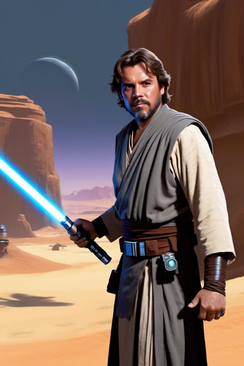 Artificial Intelligence (AI) generated image art, man, in the style of Ignacio RC, a handsome Jedi with lightsaber, with the setting suns of Tatooine in the background.