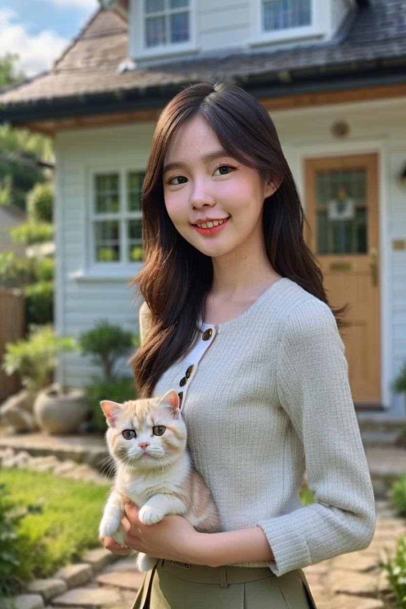 Artificial Intelligence (AI) generated image art, man, standing in front of a modern English-style house, holding two cats. One cat is a cream-colored Scottish Fold, and the other is a tabby Scottish Foldman. cute and adorable very beautiful girl, character design by Mark Ryden and Pixar and Hayao Miyazaki, unreal 5, DAZ, hyperrealistic, octane render, cosplay, RPG portrait, dynamic lighting, intricate detail,