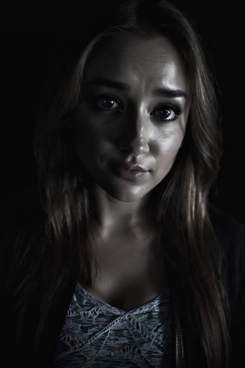 Artificial Intelligence (AI) generated image art, woman, night portrait, ((dark lighting)), (black background), photorealistic, cinematic, 4k, highly detailed, sharp focus, b&w