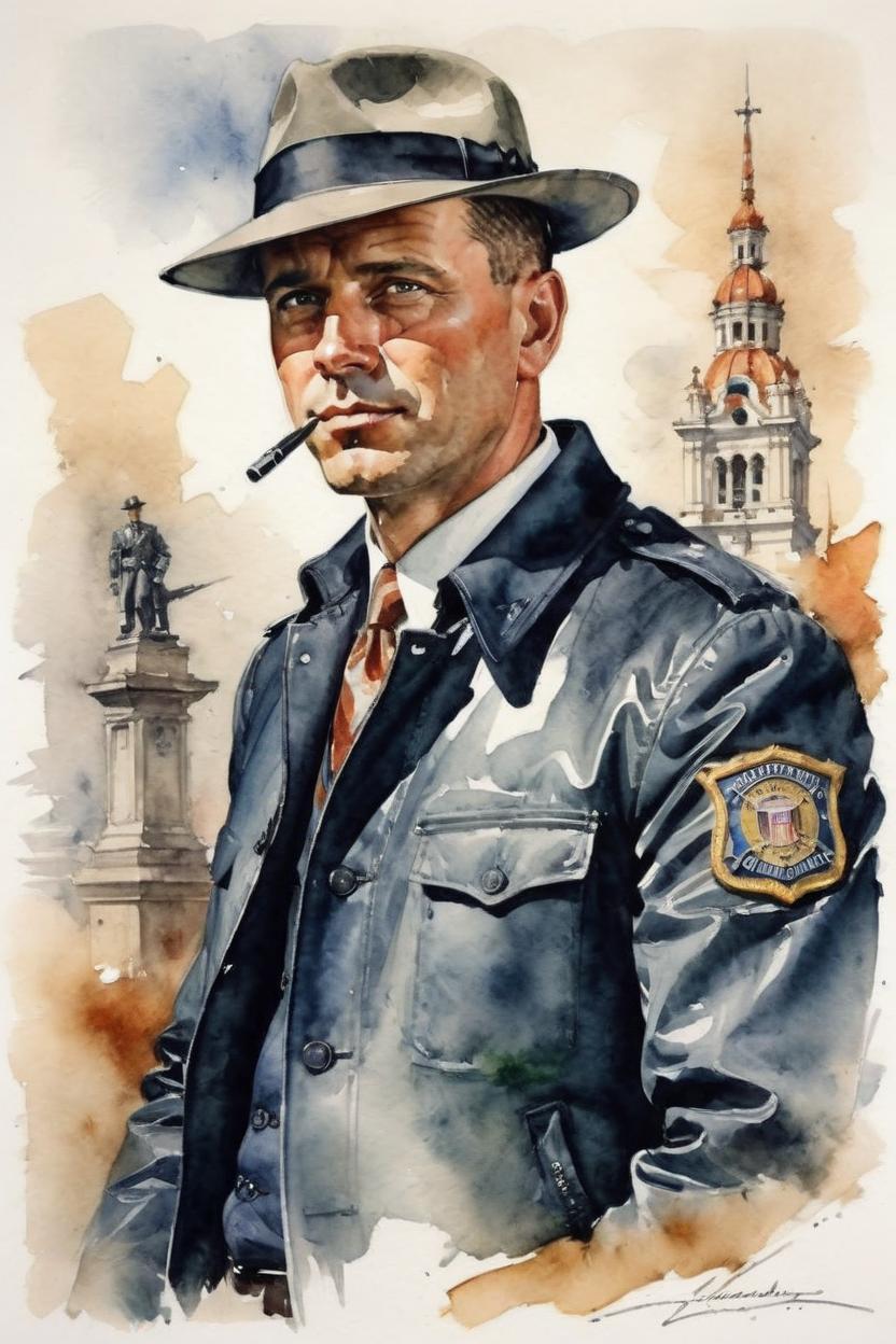 Artificial Intelligence (AI) generated image art, man, watercolor, as an fbi agent, style of J.C. Leyendecker, (J.C. Leyendecker)
