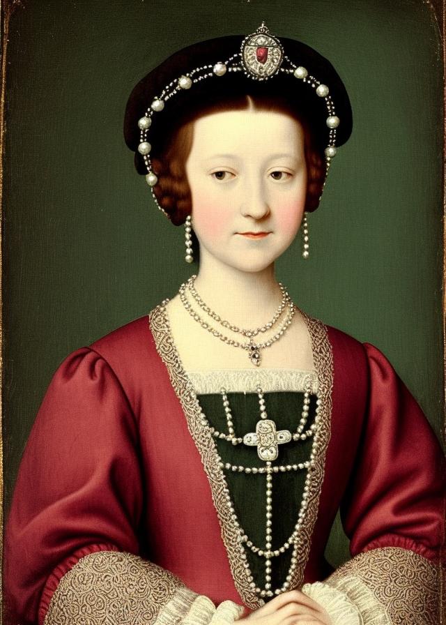 Artificial Intelligence (AI) generated image art, person, is the embodiment of Queen Anne Boleyn, in the style of a renaissance painting from the tudor period of history. portrait similar to herny the eighth. less photorealistic and more obviously a painting. ornate clothing. Royal Tudor portrait, Burgundy medieval queen clothes, she is 9 years old, her hands that have five fingers on each hand, are gently resting on her lap the Tudor Rose can be seen in her hands resting on her lap, jewels and pearls adore her body and the king's crown is on her regal head