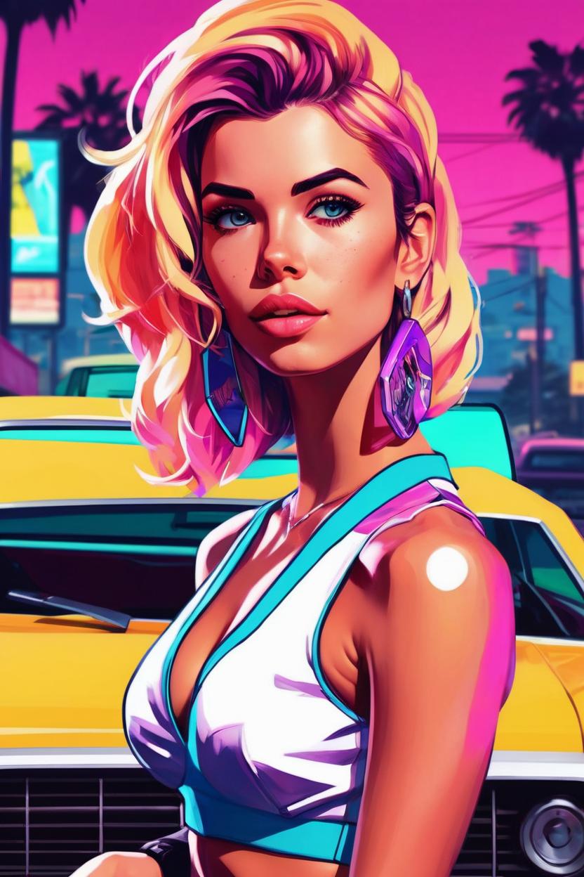 Artificial Intelligence (AI) generated image art, woman, SUBJECT, GTA 5 box art illustration, digital art, grand theft auto 6 poster art, colorful drawing, vivid colors, synthwave art, style of ilya kuvshinov, art by Patrick Brown, vector art