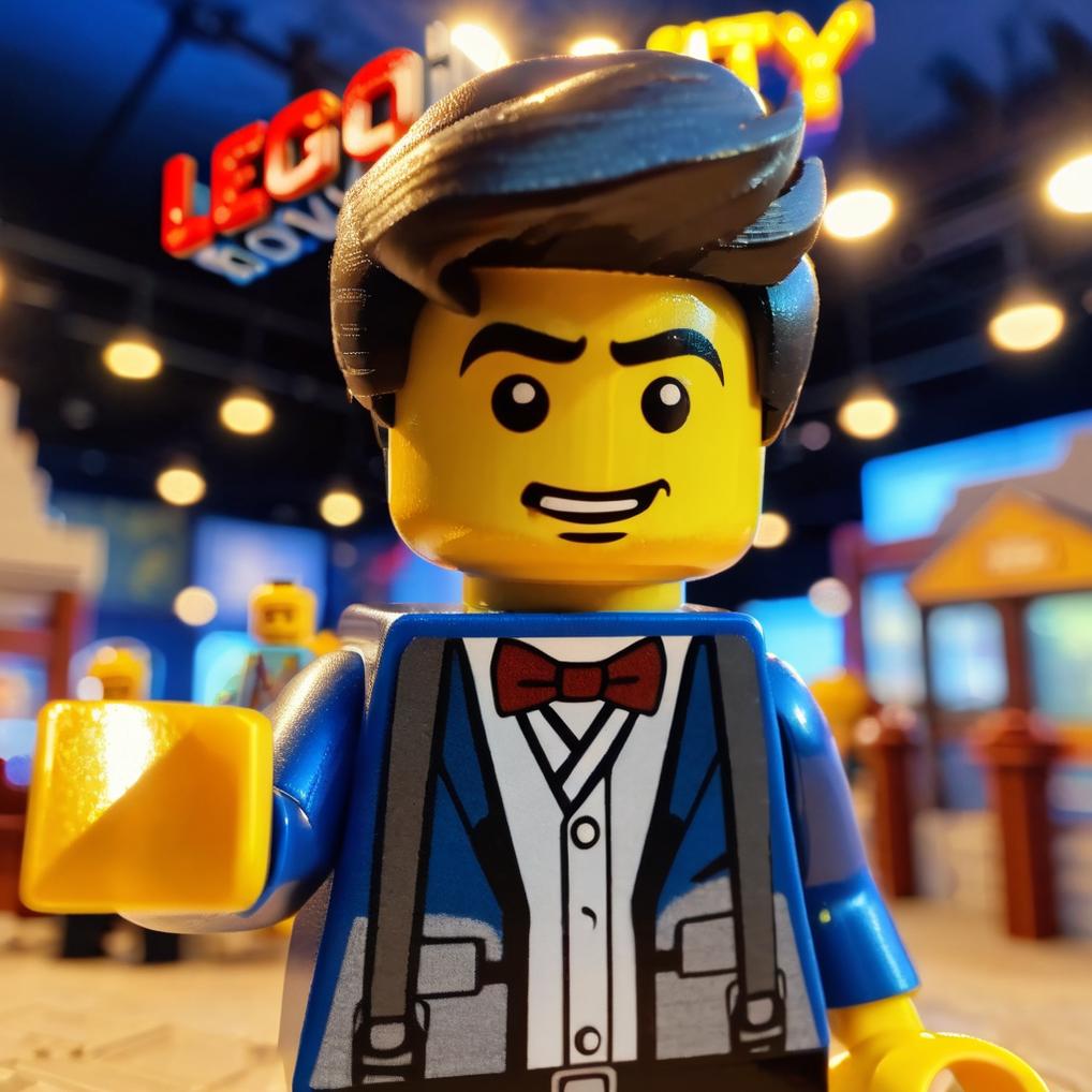 Artificial Intelligence (AI) generated image art, man, as a Lego character in the style of 2014 The Lego Movie, 2 dimensional, Lego city in the background, The Old West, bokeh, soft lighting, vignette
