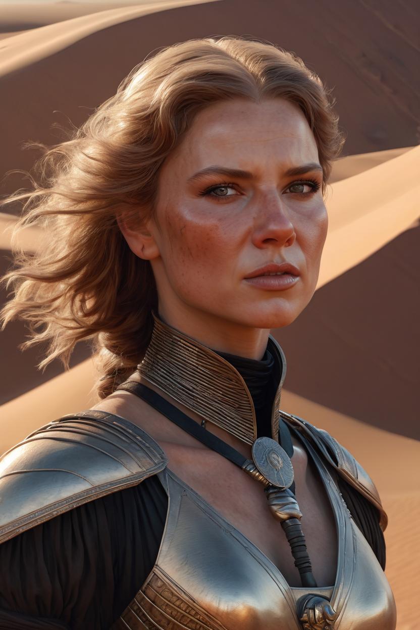Artificial Intelligence (AI) generated image art, woman, stunning portrait, character from Dune by Frank Herbert, Fremen, on Arrakis, epic scene, hyperrealistic, 4k