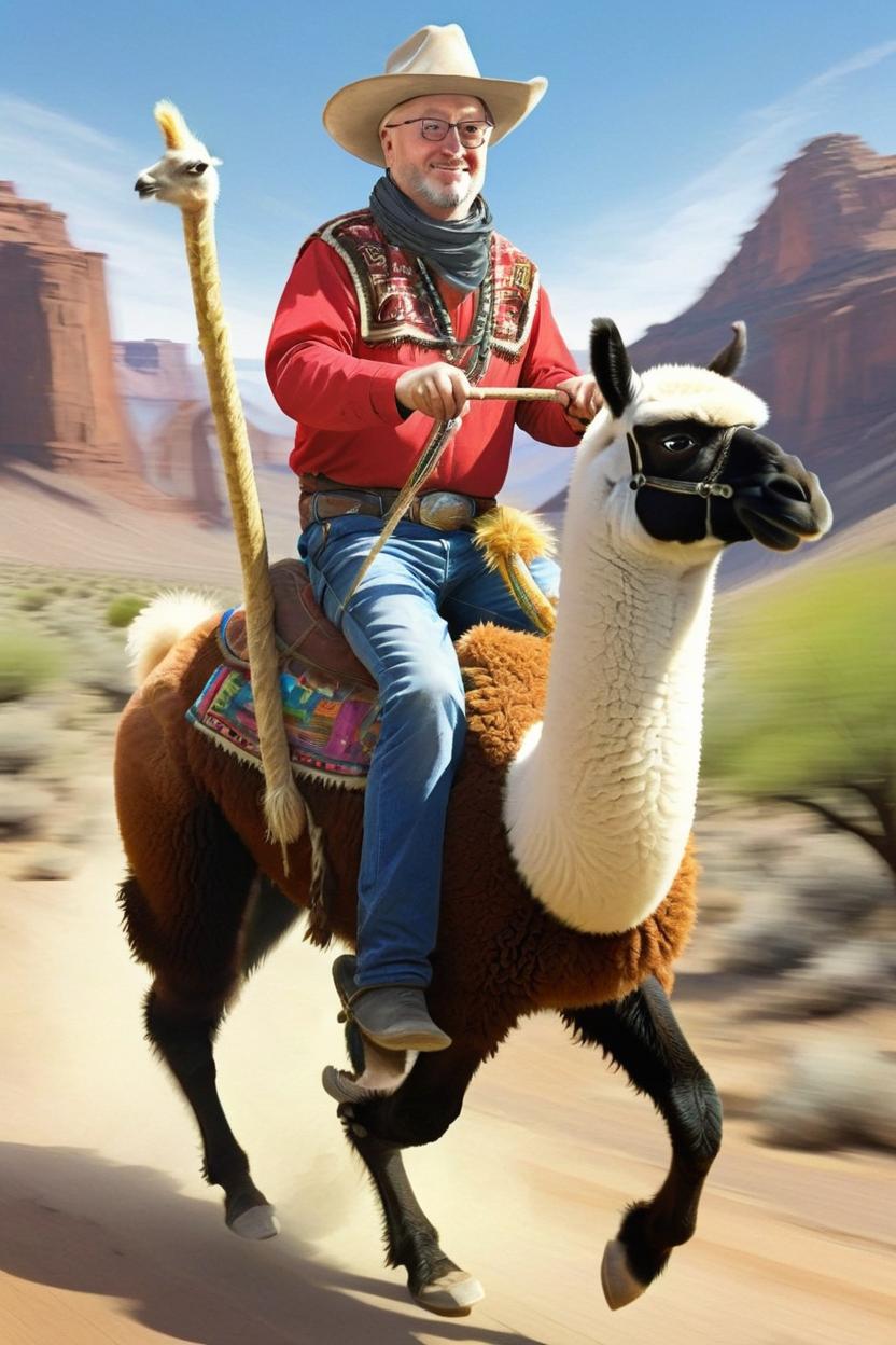 Artificial Intelligence (AI) generated image art, man, as a cowboy riding a lama