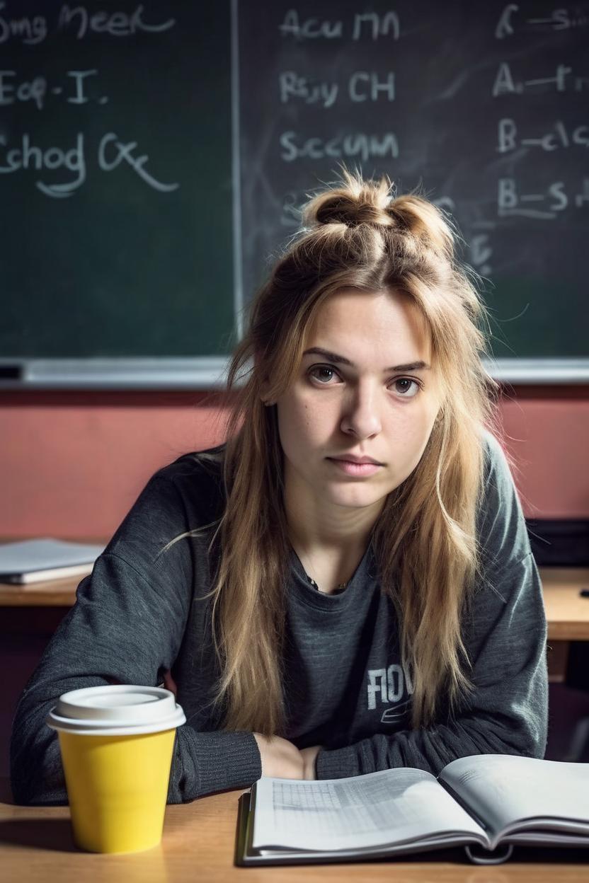 Artificial Intelligence (AI) generated image art, woman, sitting at a desk at school chalkboard behind her, iphone and coffee on her desk, bored, long ponytail, wearing baggy tshirt, portrait, florescent lighting, detailed