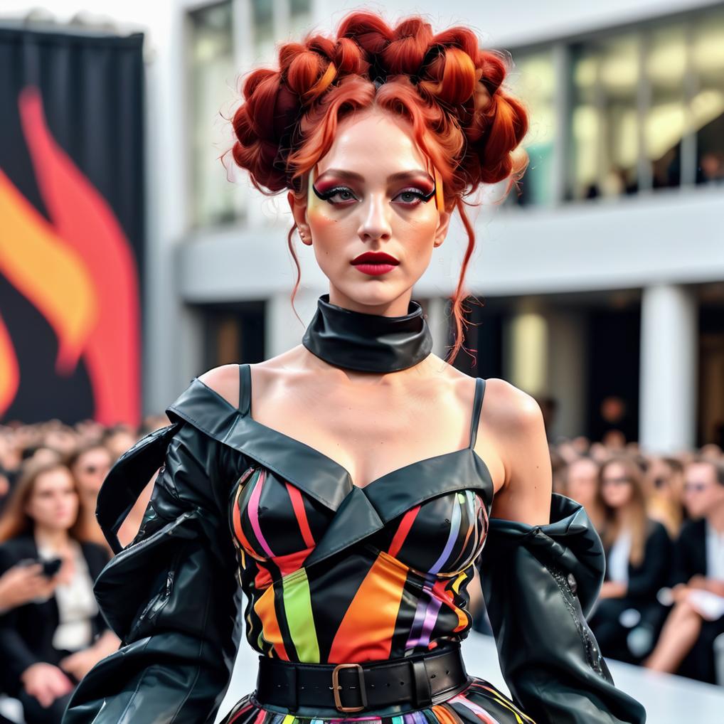 Artificial Intelligence (AI) generated image art, woman, on the runway at new york fashion week, wearing beautiful avant-garde look, stylish couture, layers, dramatic makeup, artful hairstyle, 4k, ultra detailed, runway model, 3/4 body photo, hand on hip pose, colorful,
