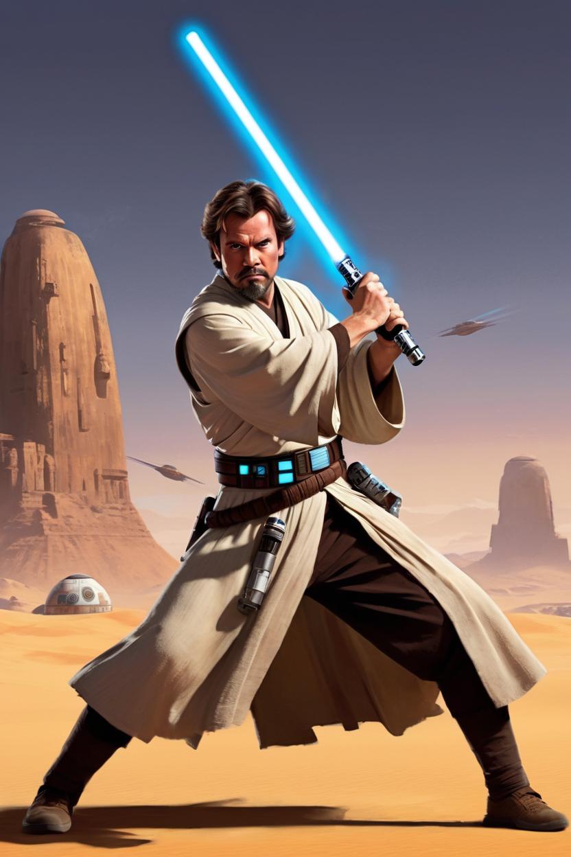 Artificial Intelligence (AI) generated image art, man, in the style of Ignacio RC, a Jedi with lightsaber, action pose, with the setting suns of Tatooine in the background.
