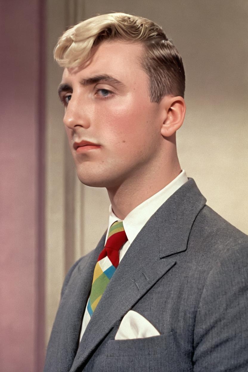 Artificial Intelligence (AI) generated image art, man, (in gentlemen prefer blondes), (technicolor film), (blonde hair), (1950s movie), (movie still), (movie star)